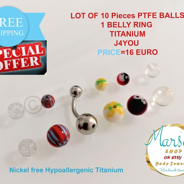 Belly ring, Lot of 10 pieces PTFE balls, one titanium belly ring, barbell, mix color, body jewelry, piercing, navel button, free shipping