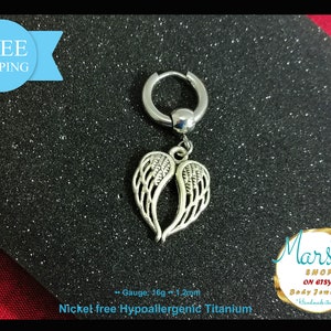 Clicker earring, dangling with angel wings, seamless, segment, titanium, 16g, 1,2mm, helix piercing, lope ring, body piercing jewelry,