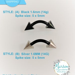 Curved Titanium barbell with spikes/cones. 14g, 1.6mm Hypoallergenic. Nipple, lobe, earring, eyebrow, barbell.very long spike,jewelry