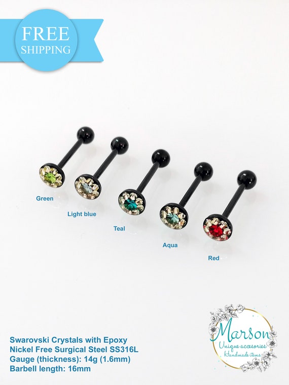 14g Tongue barbell Swarovski crystals with Epoxy NICKEL Free Surgical steel Black 14g barbell flat tongue bar Sparkly bar multi gem