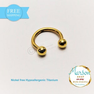 Gold Circular barbell 2 balls. Hypoallergenic Titanium horseshoe barbell for piercings. 1,2mm (16g)..Anti helix, septum, daith, rook, conch