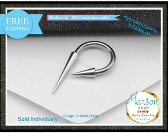 May include: Silver titanium nose ring with a pointed spike on each end. The ring is 1.6mm (14g) gauge.