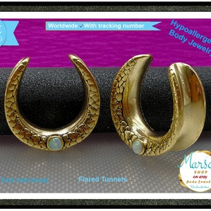 Half tunnels, Anodized Gold, natural stone, ear gauge, HALF TUNNEL, engraved, small details, Carved For women, men, free shipping