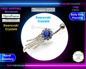 Blue Swarovski Crystal Titanium Belly Ring, Hypoallergenic Navel Jewelry