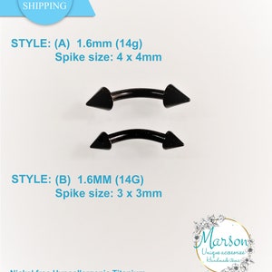 Spikes 1.6mm, 14g,Curved barbell, BLACK cones, Titanium Hypoallergenic. nipple, septum, ear, Lope, eyebrow. Free shipping