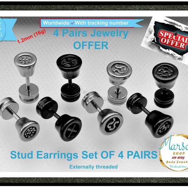 Lot of 8 pieces Ear jewelry 4 pairs, earlobe, straight Barbells, body jewelry, piercing, offer, silver and black, free shipping