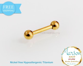 Straight barbell Anodized Gold titanium 14g nipple septum ear eyebrow two small balls. 6mm, 8mm, 10mm, 12mm,14mm,16mm, bar piercings