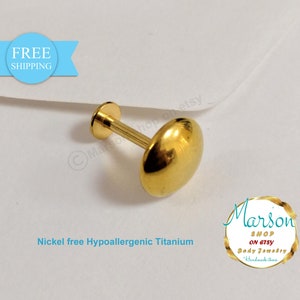 16g, Labret barbell gold, Half ball disc,  ear TITANIUM body jewelry Labret 1.2mm, helix, lope, tragus, earring, cartilage, FREE SHIPPING