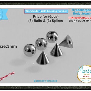 Titanium Replacement, 6pcs, spikes & balls, Barbells, 16g, 1.2mm, straight, Horseshoe, Curved, Labrets, Septum, helix, nipple, conch, rook