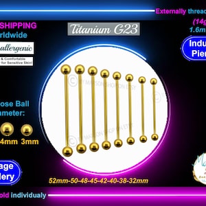 Industrial barbell, Anodized Gold titanium, 14g, 1.6mm, Cartilage piercing, straight barbell, body piercing jewelry, ball, free shipping