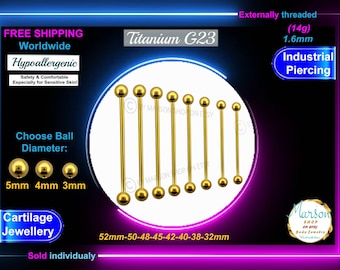 Anodized Gold Titanium Industrial Barbell, 14g, Cartilage Piercing