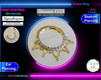 Swarovski Crystal Septum Ring, 18K Gold Titanium Clicker, 16g