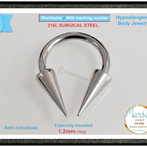 Zeer lange spike, ronde barbell Extreme 1,2 mm, 16 g hoefijzerchirurgisch staal, hypoallergene barbell. Septumcadeau mannen, vrouwen. Gratis verzending