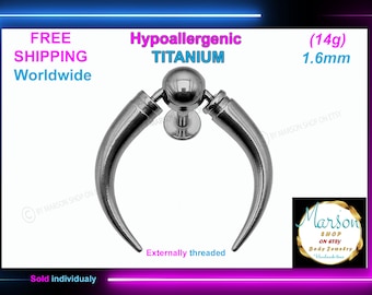 May include: A silver-colored, hypoallergenic titanium body piercing. The piercing is externally threaded and features a curved design with a central ball and two curved, horn-like ends. The gauge is 14g, with a 1.6mm thickness.