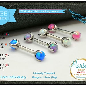 Gerader Barbell, Piercingschmuck, Titan, Innengewinde, 16g, Opal schillernd, Septum, Tragus, Helix, Daith, Augenbraue, Brücke