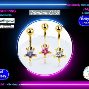 Belly ring button jewelry, star gemstone, light pink, lavender, clear, color, Hypoallergenic titanium, Anodized Gold, belly body piercing