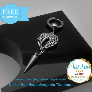 Earring wings dangling, long spike, SET Huggie earrings for men or women, titanium, free shipping, Earrings set, Pair, Huggy earring hoop