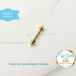 Straight barbell two spikes gold jewelry 14g barbell - Rook, helix, tragus, conch, septum, eyebrow, daith, ear Piercing