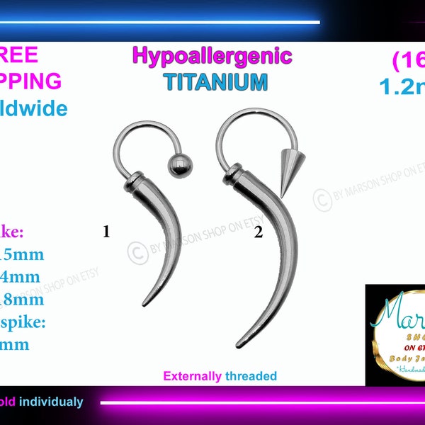 Curved spikes, claw, Horseshoe Circular barbell, body jewellery, very long spike, 1.2mm 16g earlobe, Curved spikes, Titanium, Curved barbell