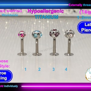 Labret barbell, Titanium, cheek, piercing, medusa, monroe, snake bites, 16g 1,2mm, Lips, tragus, cartilage, helix, multiple dazzling CZ gems