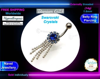 Titanium Belly Ring, Swarovski Crystals, Dangling Navel Jewelry