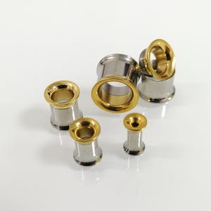 Gold tunnels, silver with gold color,Internally threaded,plated - mirror polished surgical steel, new internal screw, plug tunnels,ear gauge