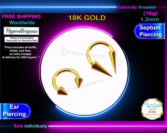 18k Gold Septum, circular Barbell, Long Spike Piercing, 16g