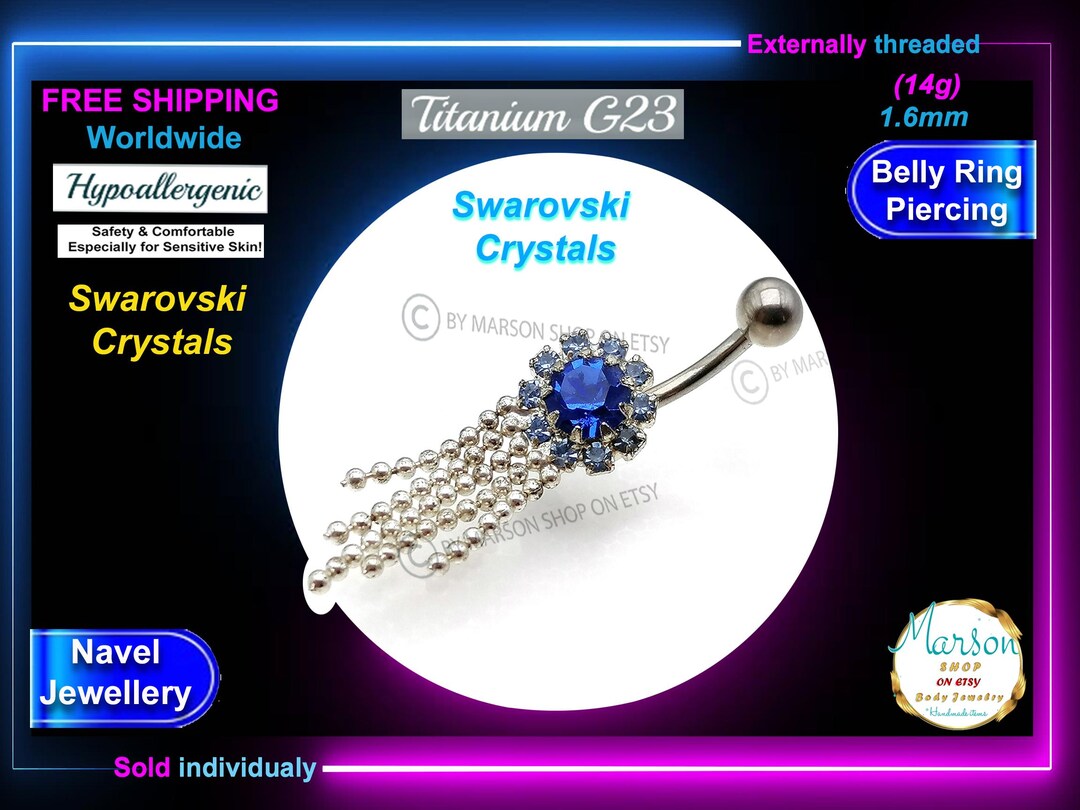 Dangling Belly Ring, Blue Swarovski Crystals, Titanium G23 ...