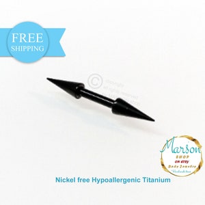 Black spikes 14g barbell. Nickel free TITANIUM. Barbell earring, lobe, 1.6mm gauge. septum, nipple, Long spikes, Unique body jewelry,extreme