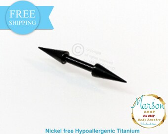 May include: Black titanium barbell with two pointed ends. The barbell is nickel free and hypoallergenic. The text "Nickel free Hypoallergenic Titanium" is visible below the barbell.