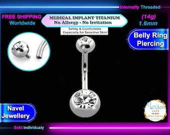 Medical Implant Titanium Belly Ring, CZ Gem, 14g 12mm