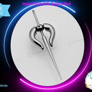 May include: A silver surgical steel body jewelry piece with a curved design. The piece is 1.6 mm thick and weighs 14 grams. Implant Grade 316L Surgical Steel.