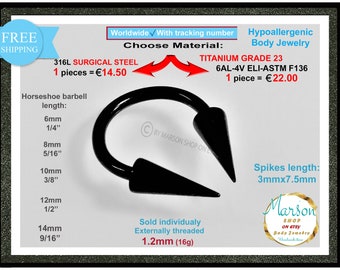 Spike Septum Horseshoe, 16g, Titanium or Steel Circular Barbell