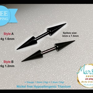 Septum, lange Spikes, 16g und 14g Barbell. Nickelfreies TITANIUM. Barbell gerade, Ohrläppchen 1.2 mm, 1.6 mm, Einzigartiger Körperschmuck, extreme Spikes