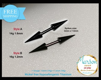 May include: Two pairs of black titanium body jewelry with pointed spikes. The jewelry is available in two sizes: 14 gauge, 1.6 mm and 16 gauge, 1.2 mm. The spikes are 3 mm x 7.5 mm. The jewelry is nickel free and hypoallergenic.