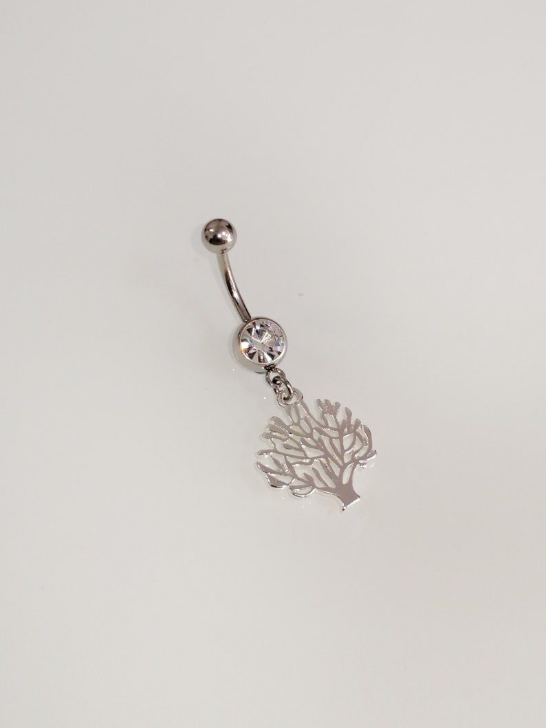 Belly button piercing jewelry Silver belly ring Dangling Tree of life Belly jewelry Surgical steel belly jewelry Clear crystals