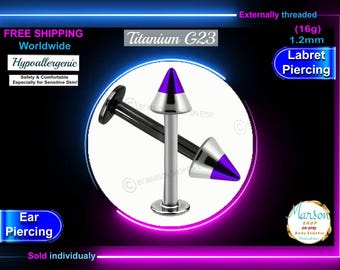 Titanium Labret Barbell 16g, Zebra Spike, Nickel Free