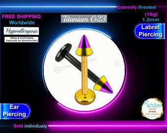 16g Titanium Labret Barbell, Zebra Stripe Spike, Helix Tragus Piercing