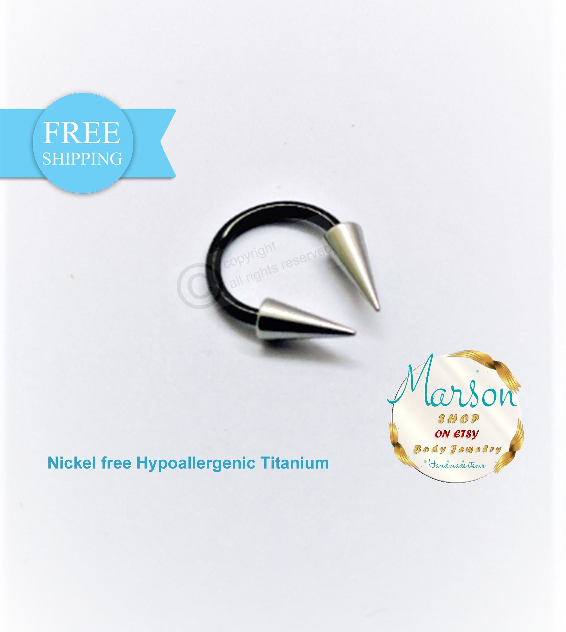 Extra long spikes Black Circular barbell. Horseshoe Titanium Hypoallergenic barbell. 1.2mm (16g).Unique Gift for men, women. Free shipping