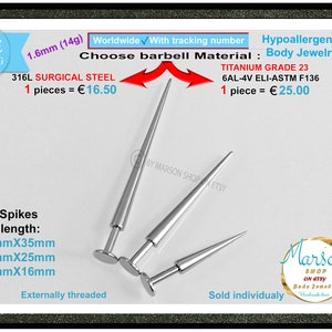 May include: Three silver barbell jewelry spikes with a pointed tip. The spikes are 35mm, 25mm, and 16mm in length. The text "Spikes length:" is written in black. The text "3mmX35mm", "3mmX25mm", and "3mmX16mm" is written in black. The text "Externally threaded" is written in black. The text "Sold individually" is written in black. The text "Marson SHOP ON ETSY Body Jewelry Handmade Items" is written in black.