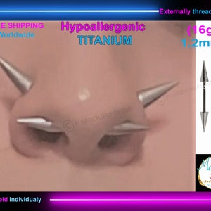 May include: A close-up of a nose piercing with two silver spikes. The piercing is externally threaded and made of hypoallergenic titanium. The gauge is 16g and the length is 1.2mm. The image also shows two additional silver spikes with a 16g gauge.