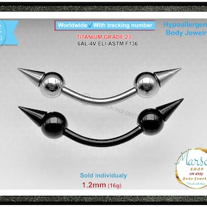 Bridge, Nipple curved Barbell, Black, silver, titanium, 16g, ball with spikes, for septum, eyebrow, Rook, helix, tragus, conch, daith, ear,