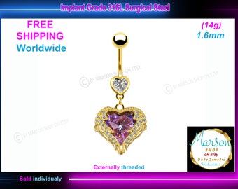 Belly ring button body piercing jewelry, navel ring, iridized  gemstone zircon Beautiful heart shape 18k gold plated, free shipping, for her