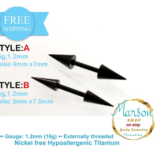 Black Spike Titanium Barbell, 16g, Septum, Eyebrow Jewelry