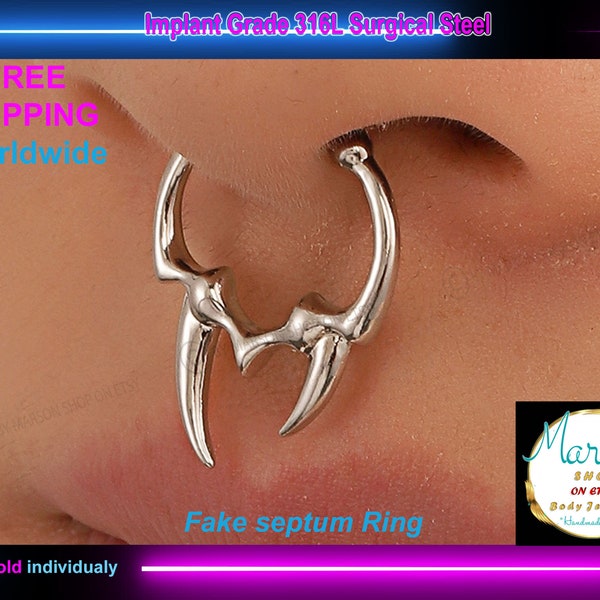 Fake Septum ring, Gothic Horn Nasal Splint Non-Perforated Nose Ring, Daith, Tragus, Helix, body jewelry. ear lope body jewelry, silver, gold