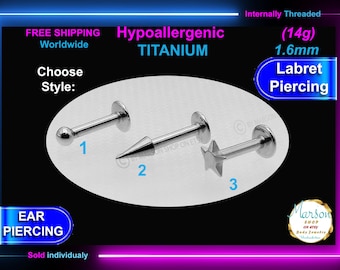 14g Titanium Labret Barbell, Internally Threaded Lip Piercing, Ball, Spike, Star