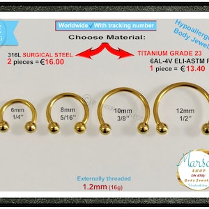 Anillo para tabique nasal, barra circular en forma de herradura, titanio o acero inoxidable, + 2 bolas. (16 g). Ideal para hélix, labios, oreja, Daith, pezón, caracola, torre, nariz.