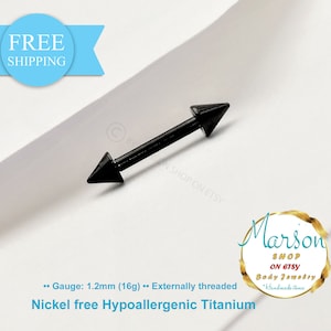 Straight Black eyebrow jewelry, 16g. 1.2mm,  titanium barbell two spikes - Rook, helix, tragus, conch, septum, , daith, ear Piercing
