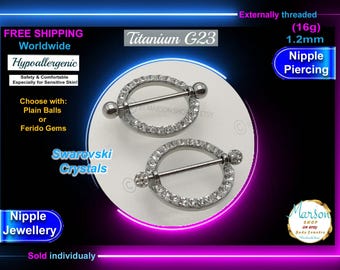 Titanium Nipple Barbell, 16g, Swarovski Crystal Balls