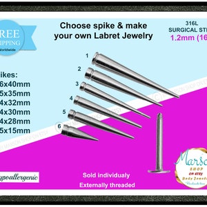 Labret barbell spikes 16g, make you custom jewelry, Lips, cheek, medusa, monroe, snake bites, cartilage, tragus, helix, ear, nose, antihelix